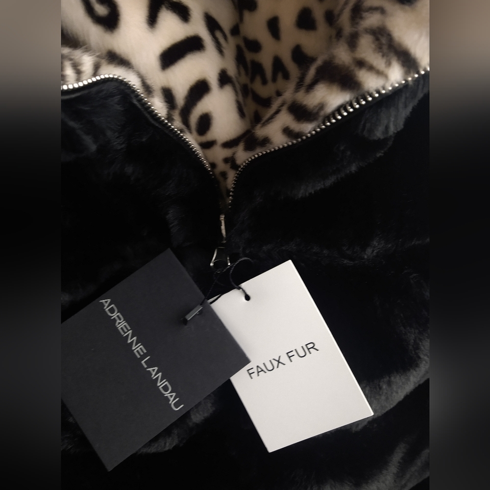 ADRIENNE LANDAU Reversible Faux Fur Hooded Vest Black / Animal $295 - Picture 12 of 15